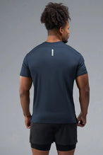 Side View of Blue TLF Infi-Dry Swole Tee, crafted with our custom swole fit and utilizing our infi-dry fabric technology 