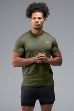 Front View of Green TLF Infi-Dry Swole Tee, crafted with our custom swole fit and utilizing our infi-dry fabric technology 
