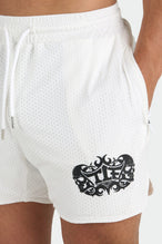 Front View of White Train Like a Freak 5 Inch Mesh Shorts