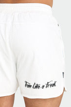 Back View of White Train Like a Freak 5 Inch Mesh Shorts