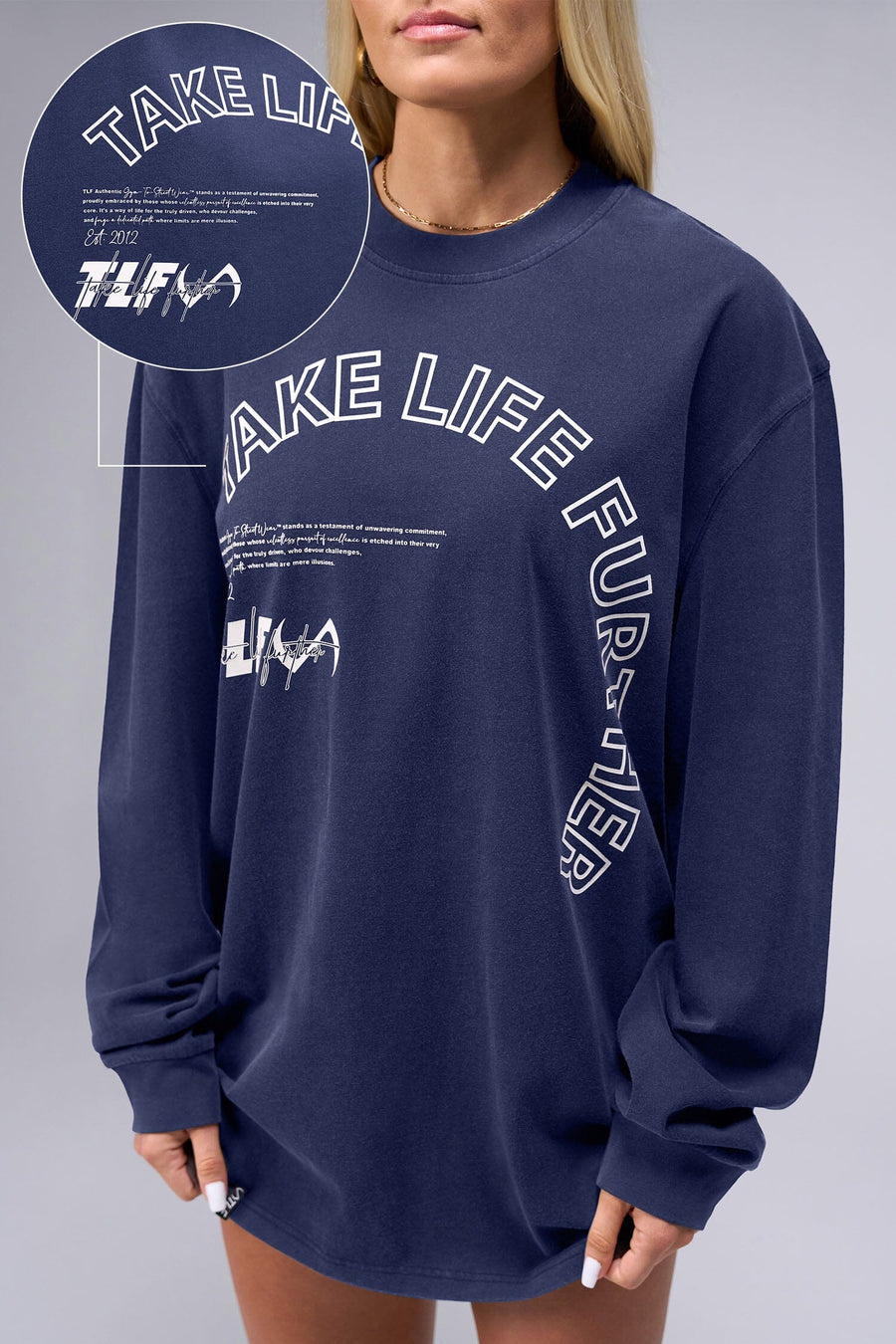 Detail Front View Of Blue Stonewash TLF Unisex Arc Dura Cotton Oversized Long Sleeve