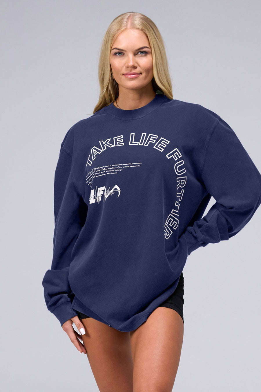 Front View Of Blue Stonewash TLF Unisex Arc Dura Cotton Oversized Long Sleeve