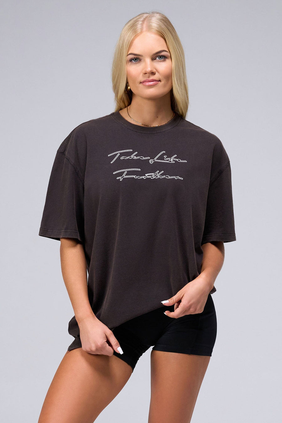 Front View of Black TLF Unisex Etched Dura Cotton Oversized Tee, durable, Oversized short sleeve shirt, for gym or street wear