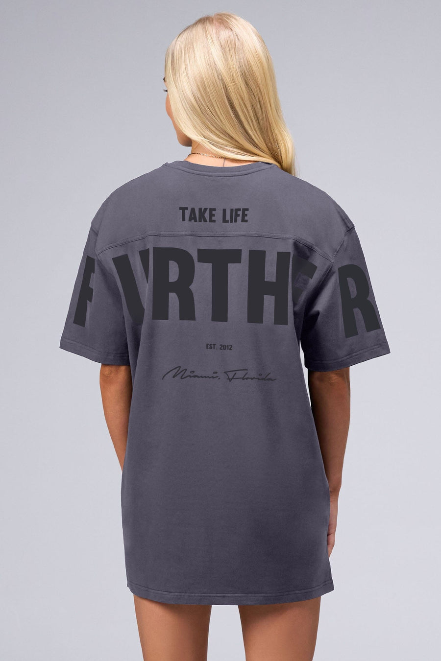 Back View Of Unisex Further Cotton Luxe Oversized Tee in Blackened Pearl
