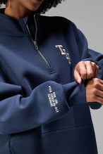 Front View of Blue TLF GTS Scuba Tech Quarter-Zip Pullover, featuring a ¼ zip pullover, sleek design and kangaroo pockets 
