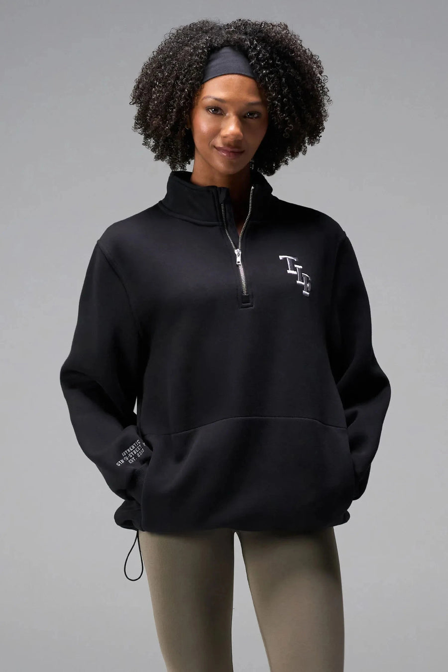  

Front View of Black TLF GTS Scuba Tech Quarter-Zip Pullover, featuring a ¼ zip pullover, sleek design and kangaroo pockets 