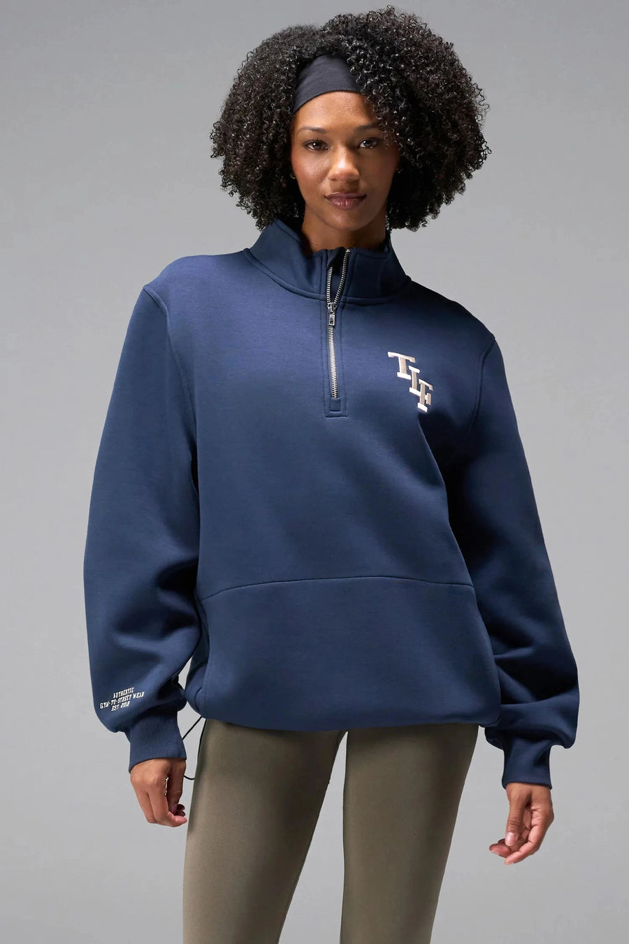 Front View of Blue TLF GTS Scuba Tech Quarter-Zip Pullover, featuring a ¼ zip pullover, sleek design and kangaroo pockets 