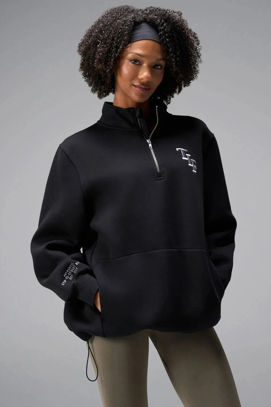  

Front View of Black TLF GTS Scuba Tech Quarter-Zip Pullover, featuring a ¼ zip pullover, sleek design and kangaroo pockets 