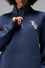 Front View of Blue TLF GTS Scuba Tech Quarter-Zip Pullover, featuring a ¼ zip pullover, sleek design and kangaroo pockets 