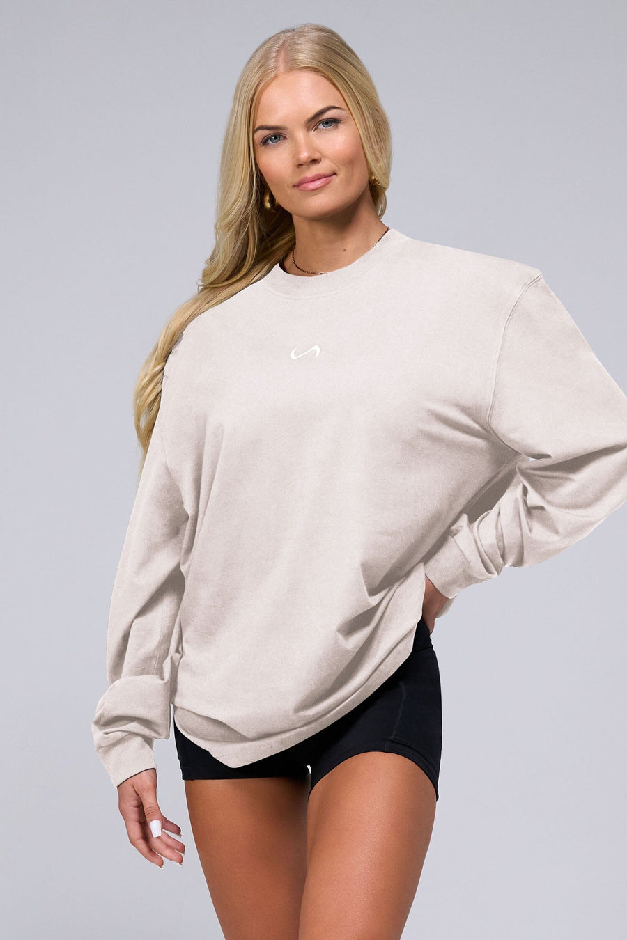 Front View Of Unisex Redefine Cotton Luxe Oversized Long Sleeve in Oat Milk