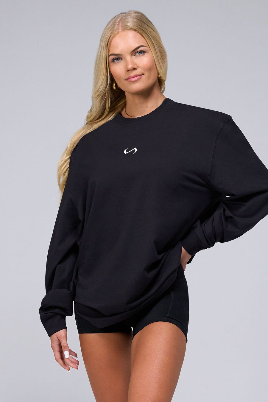 Front View Of Unisex Redefine Cotton Luxe Oversized Long Sleeve in Black