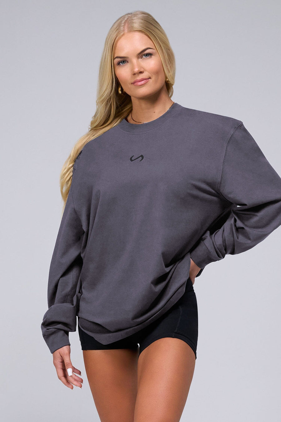 Front View Of Unisex Redefine Cotton Luxe Oversized Long Sleeve in Blackened Pearl