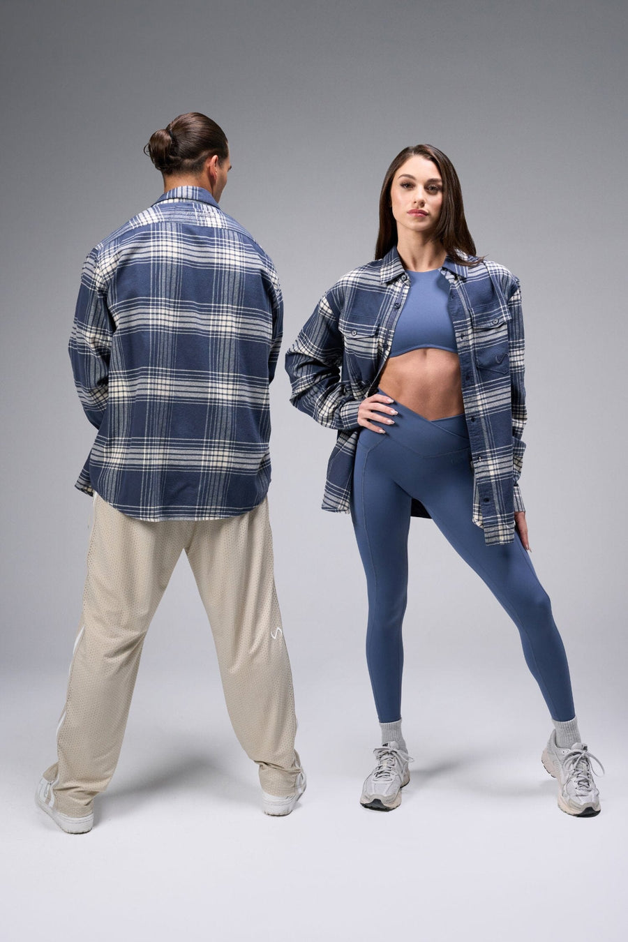 Front and Back Views of Soft Flannel Shacket Unisex Blue Plaid