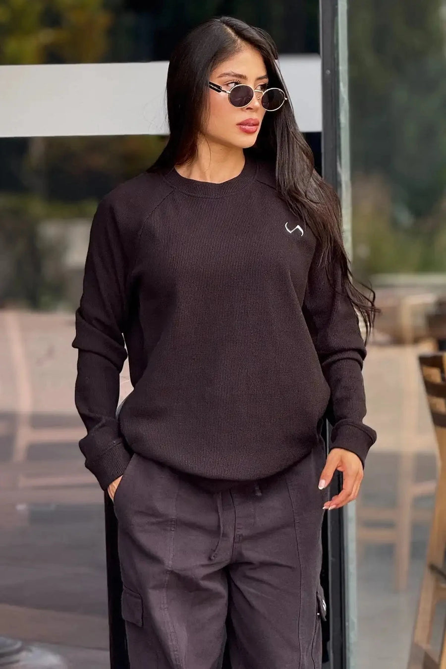 Front View of Black the TLF Waffle Tech Crew Neck featuring a raglan sleeve in our premium waffle knit fabric