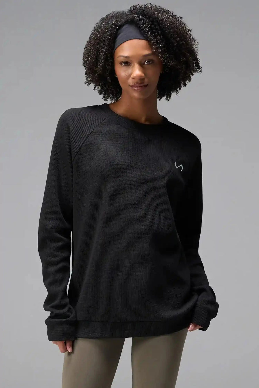 Front View of Black the TLF Waffle Tech Crew Neck featuring a raglan sleeve in our premium waffle knit fabric