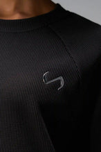 Front View of Black the TLF Waffle Tech Crew Neck featuring a raglan sleeve in our premium waffle knit fabric