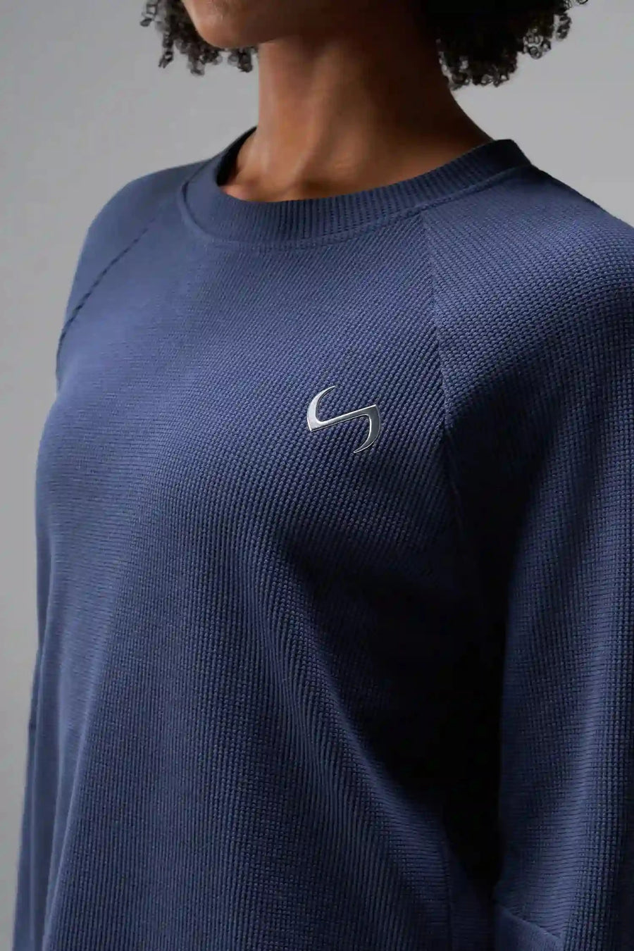Front View of Blue the TLF Waffle Tech Crew Neck featuring a raglan sleeve in our premium waffle knit fabric