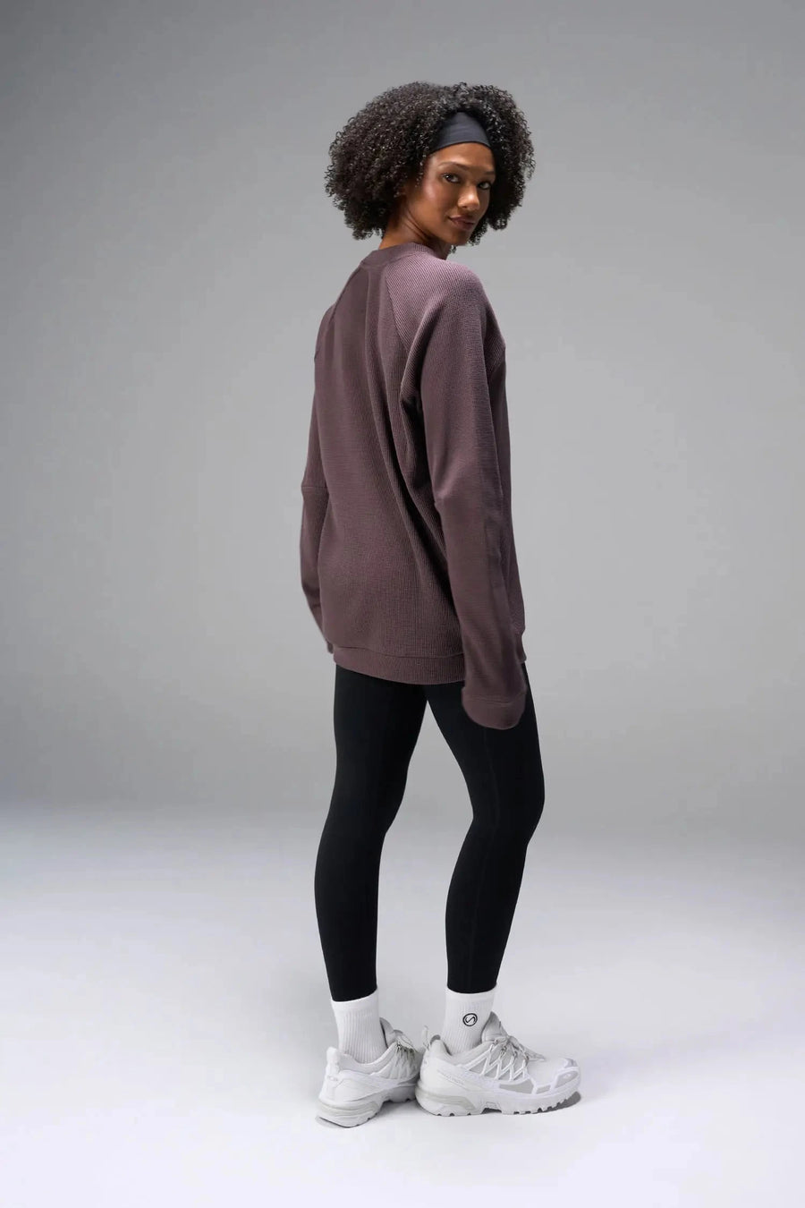 Back View of Brown the TLF Waffle Tech Crew Neck featuring a raglan sleeve in our premium waffle knit fabric