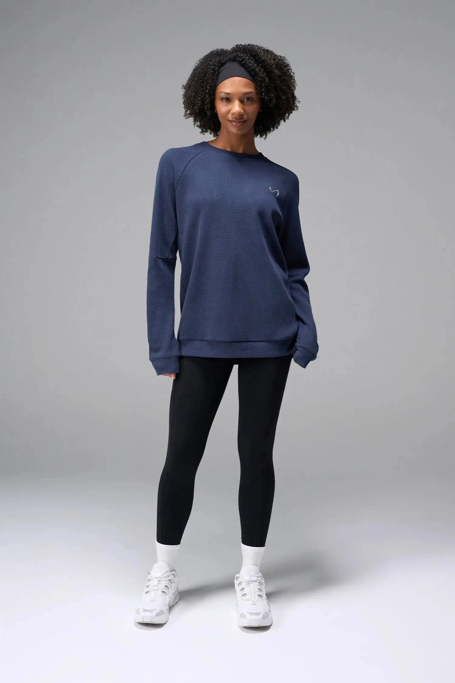 Front View of Blue the TLF Waffle Tech Crew Neck featuring a raglan sleeve in our premium waffle knit fabric