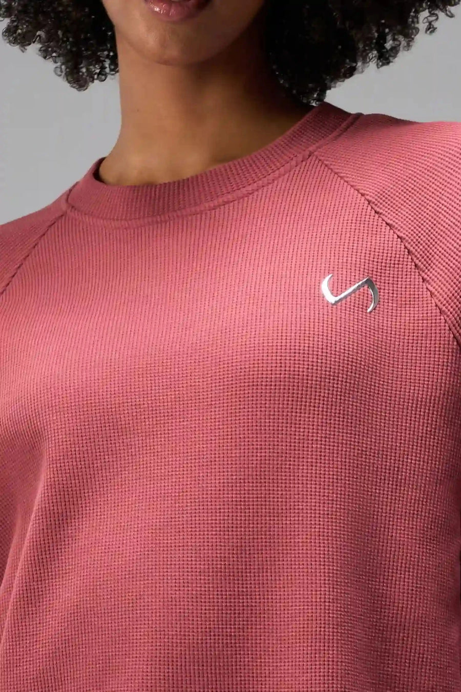 Detail Front View of Red the TLF Waffle Tech Crew Neck featuring a raglan sleeve in our premium waffle knit fabric