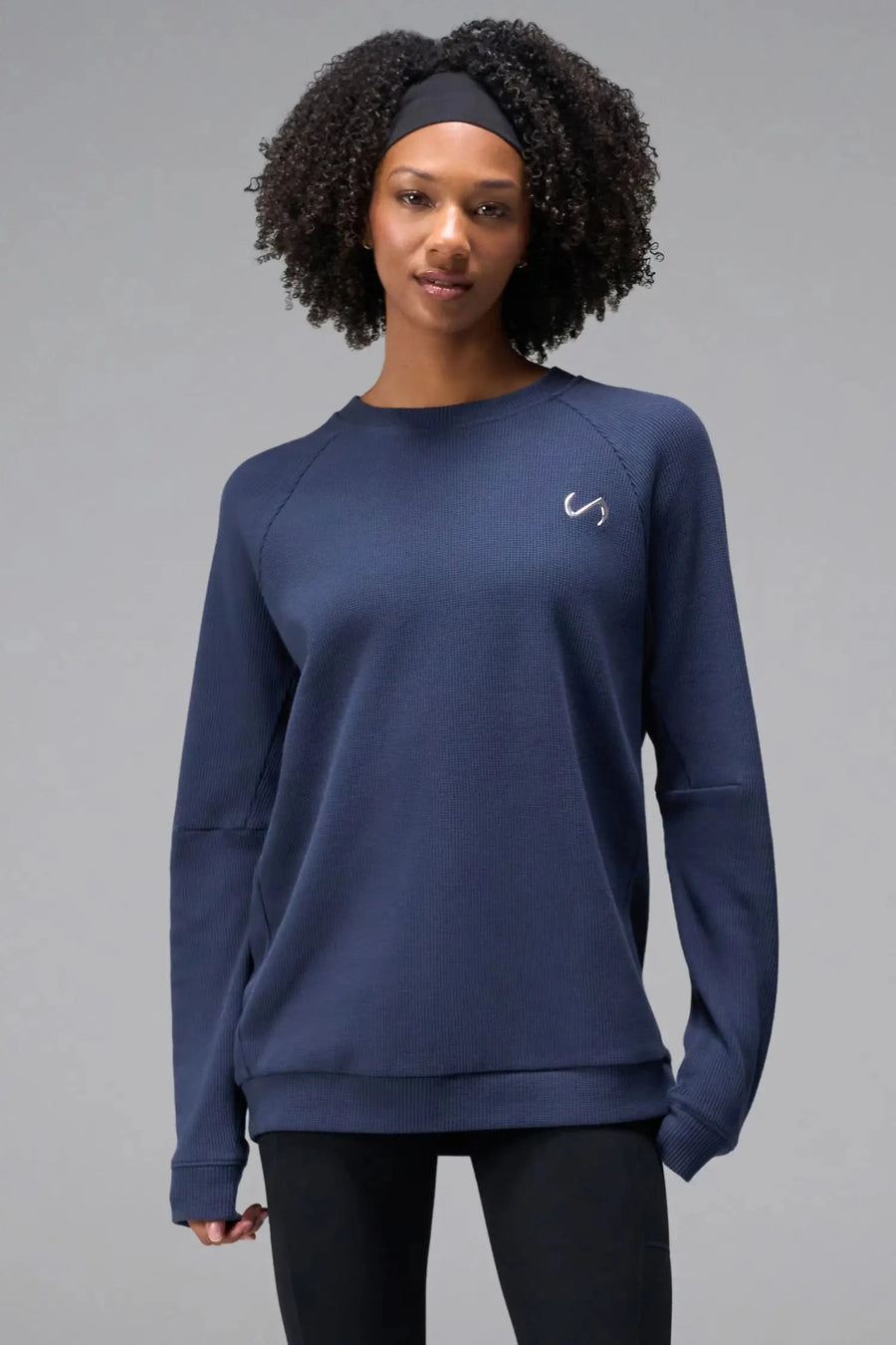 Front View of Blue the TLF Waffle Tech Crew Neck featuring a raglan sleeve in our premium waffle knit fabric