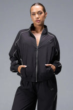 Front View of Black TLF Track Jacket (Women’s GTS Gym-To-Street Edition) with mesh lining, reflective piping, and premium trims.