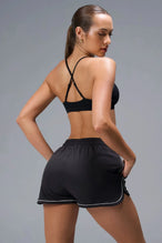 Back View of Black TLF Track Shorts (Women’s GTS Gym-To-Street Edition) featuring side pockets, mesh lining and reflective piping details.
