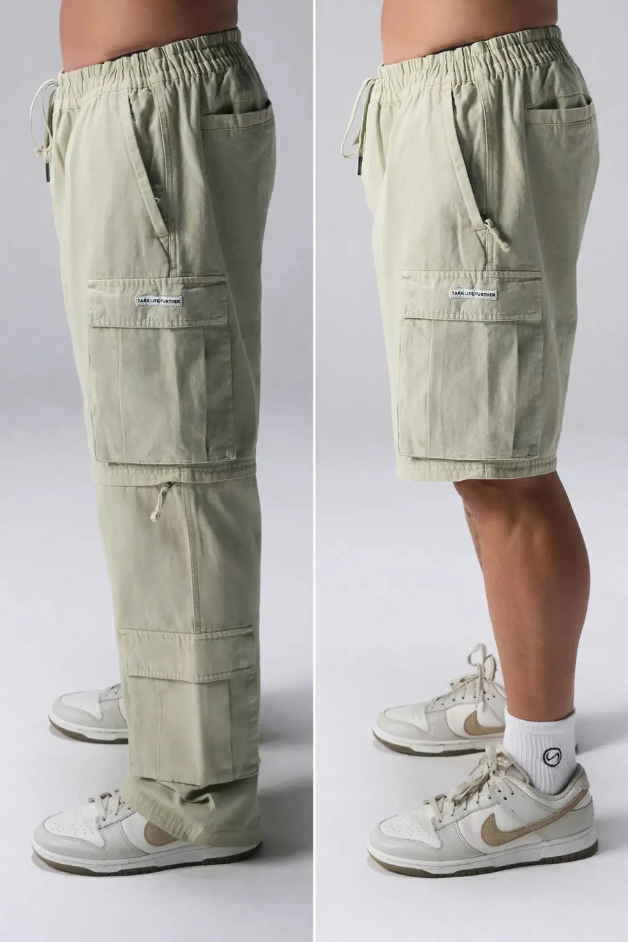 Side View of Green the TLF Zip off cargo pants featuring side cargo pockets and a zip off design that transforms them into shorts